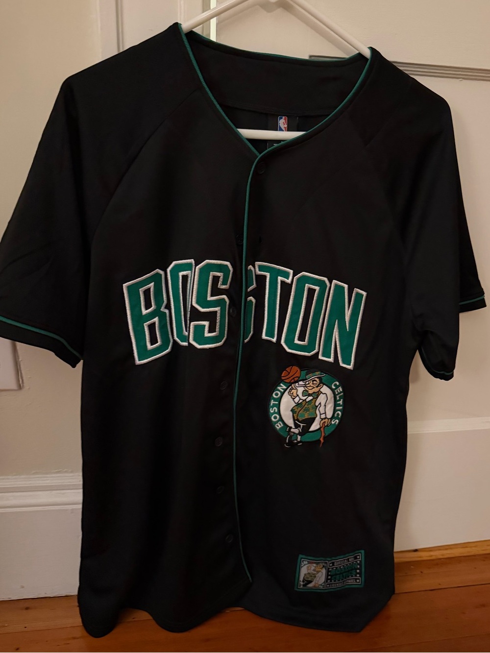 NBA Celtics MLB Style Button Up Black Jersey with Green Trim